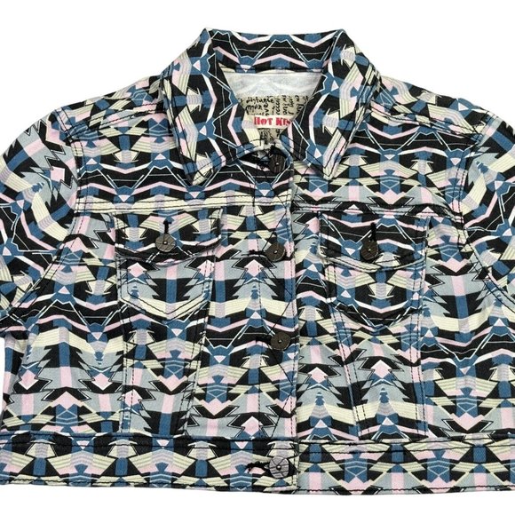 Hot Kiss Crop Top Denim Jacket 80s Retro Pastel Geometric Button Up Womens L - Picture 9 of 12